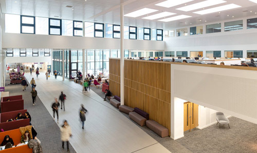 A photograph of The Hive - the interior of the Alliance Manchester Business School.